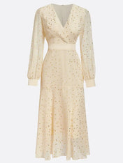 Apricot golden Chiffon V Neck Long Balloon Sleeve A-Line Midi Dress