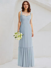 Ice Blue Sheath/Column Chiffon Spaghetti Straps Sleeveless Floor Length Bridesmaid Dresses