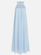 Light Blue Braided Strap Pearl Chiffon Halter Sleeveless A-Line Maxi Dress