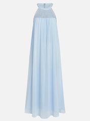 Light Blue Braided Strap Pearl Chiffon Halter Sleeveless A-Line Maxi Dress