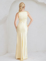 Champagne Satin Sheath/Column V Neck Floor Length Bridesmaid Dress