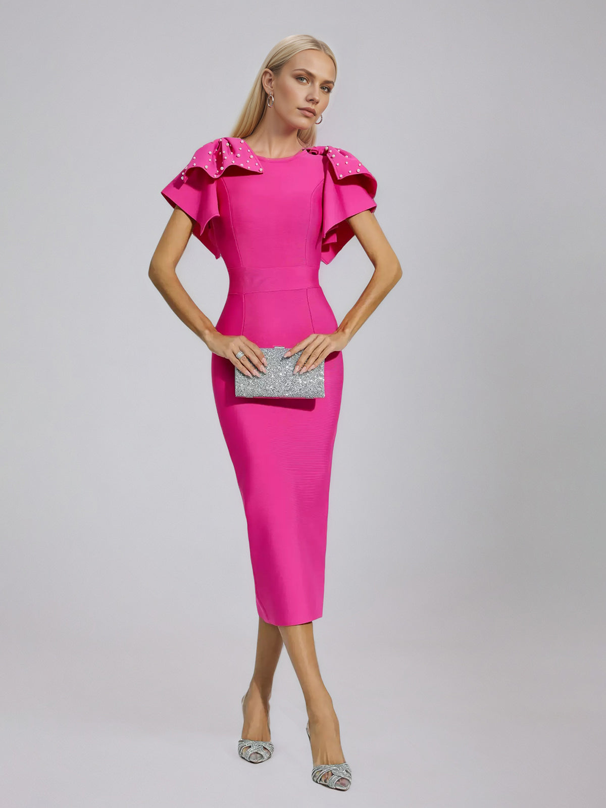 Rose Red Knitted Embellished Midi Dress