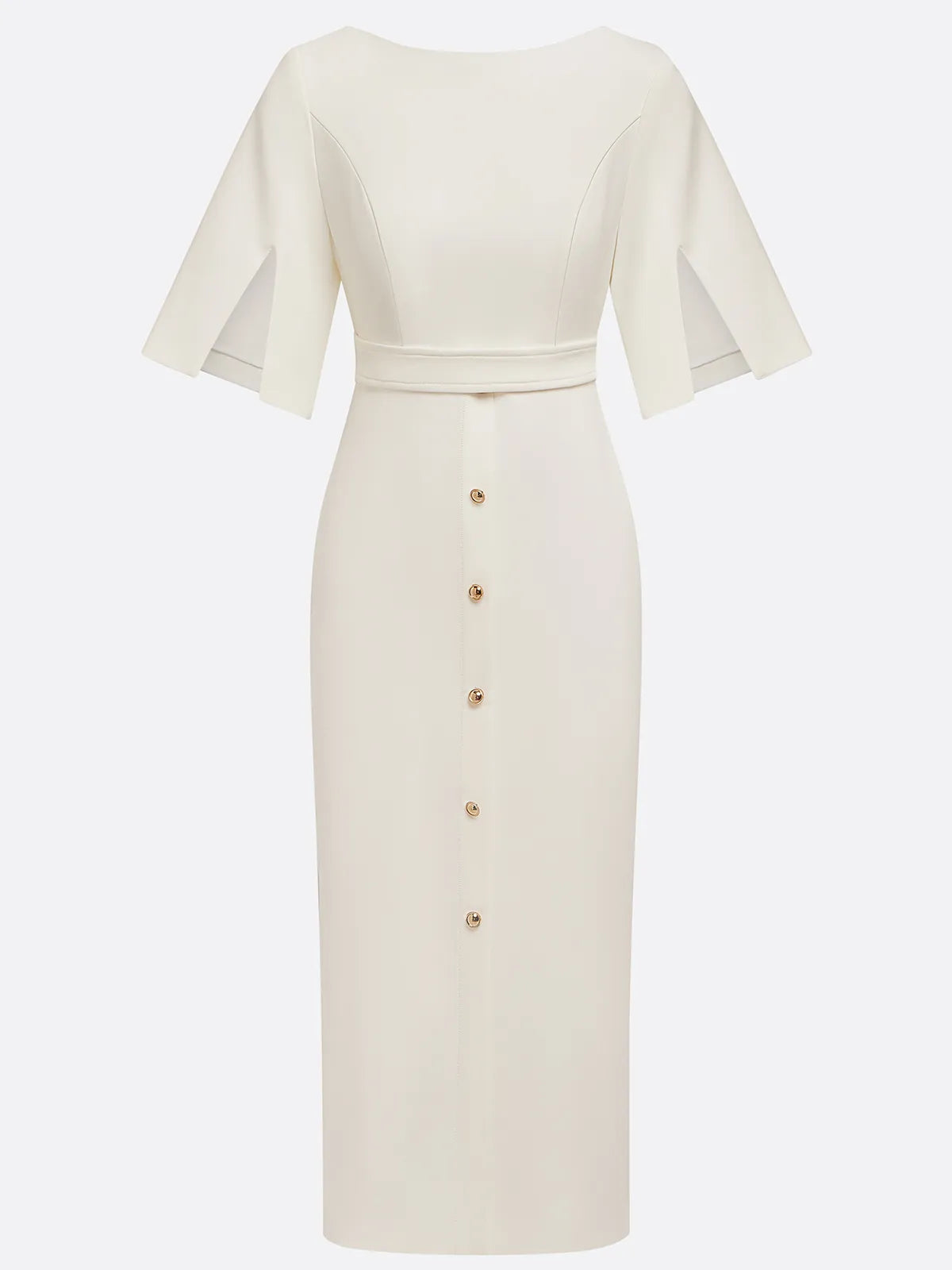 White Buckle Classic Crew Neck Short Sleeve Sheath Midi Dress
