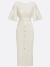 White Buckle Classic Crew Neck Short Sleeve Sheath Midi Dress