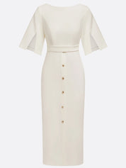 White Buckle Classic Crew Neck Short Sleeve Sheath Midi Dress