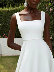 White Lace Classic Square Neck Sleeveless A-Line Tea Length Dress