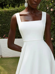 White Lace Classic Square Neck Sleeveless A-Line Tea Length Dress