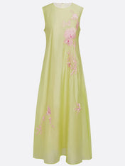Yellow Embroidery Classic Crew Neck Sleeveless A-Line Maxi Dress