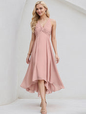 Dusty Rose Chiffon A Line V Neck Sleeveless Asymmetrical Bridesmaid Dress