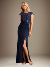 Trumpet/Mermaid Stretch Crepe Scoop Neck Cape Sleeve Floor Length Dress