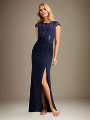 Trumpet/Mermaid Stretch Crepe Scoop Neck Cape Sleeve Floor Length Dress