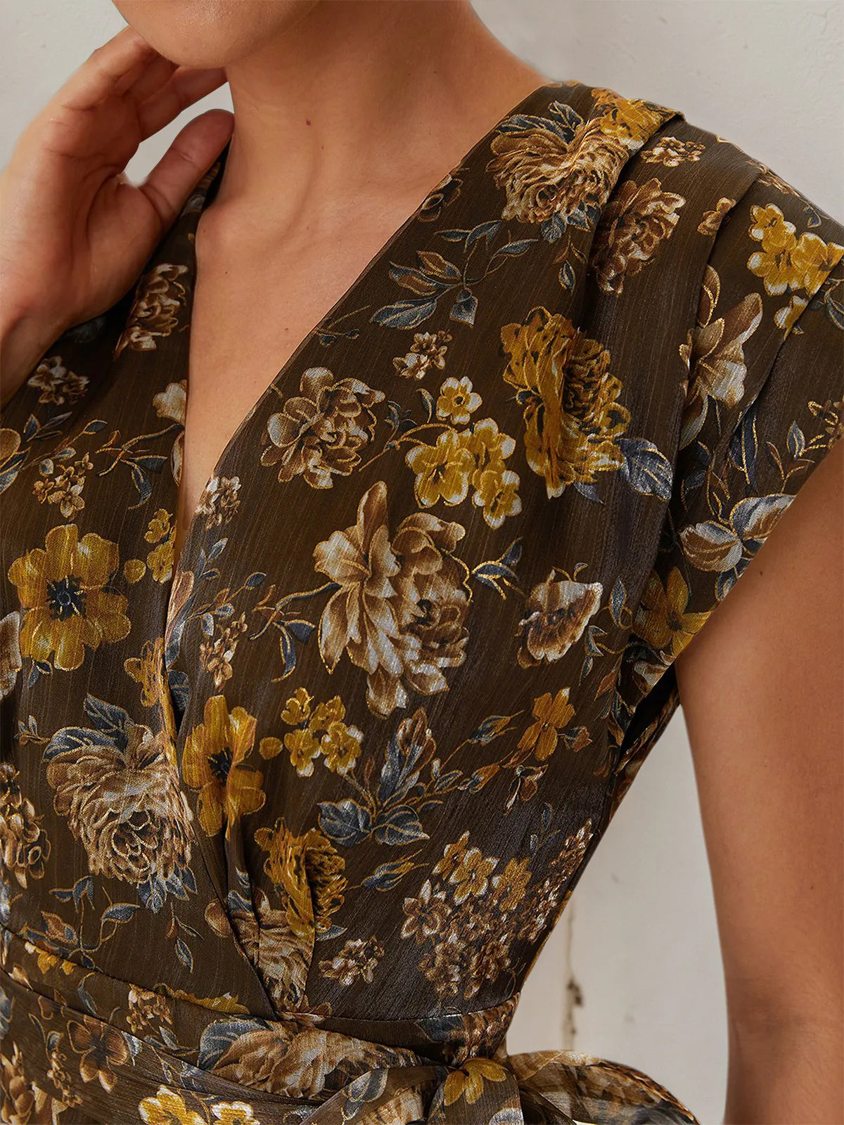 Brown Floral Wrap Dress V Neck Sleeveless A-Line Maxi Dress