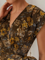 Brown Floral Wrap Dress V Neck Sleeveless A-Line Maxi Dress