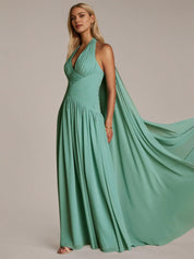 Green A Line Chiffon Halter Neck Sleeveless Floor Length Dresses