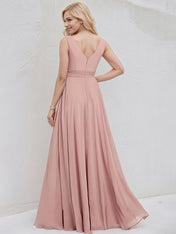 Dusty Rose Chiffon A Line V Neck Sleeveless Floor Length Bridesmaid Dress
