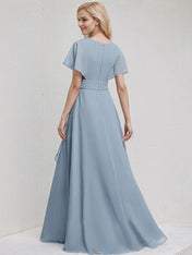 Dusty Blue Chiffon A Line V Neck Ruffle Sleeves Floor Length Bridesmaid Dress