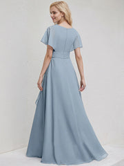 Dusty Blue Chiffon A Line V Neck Ruffle Sleeves Floor Length Bridesmaid Dress