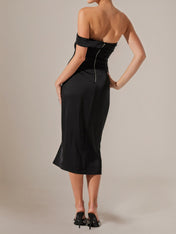 Black Satin Sheath/Column Off The Shoulder Sleeveless Tea Length Dress