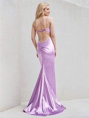 Lilac Satin Sheath/Column Spaghetti Straps Sleeveless Floor Length Bridesmaid Dress