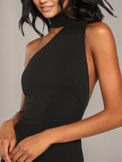 Black Sheath/Column Stretch Crepe Asymmetrical Sleeveless Floor Length Dresses