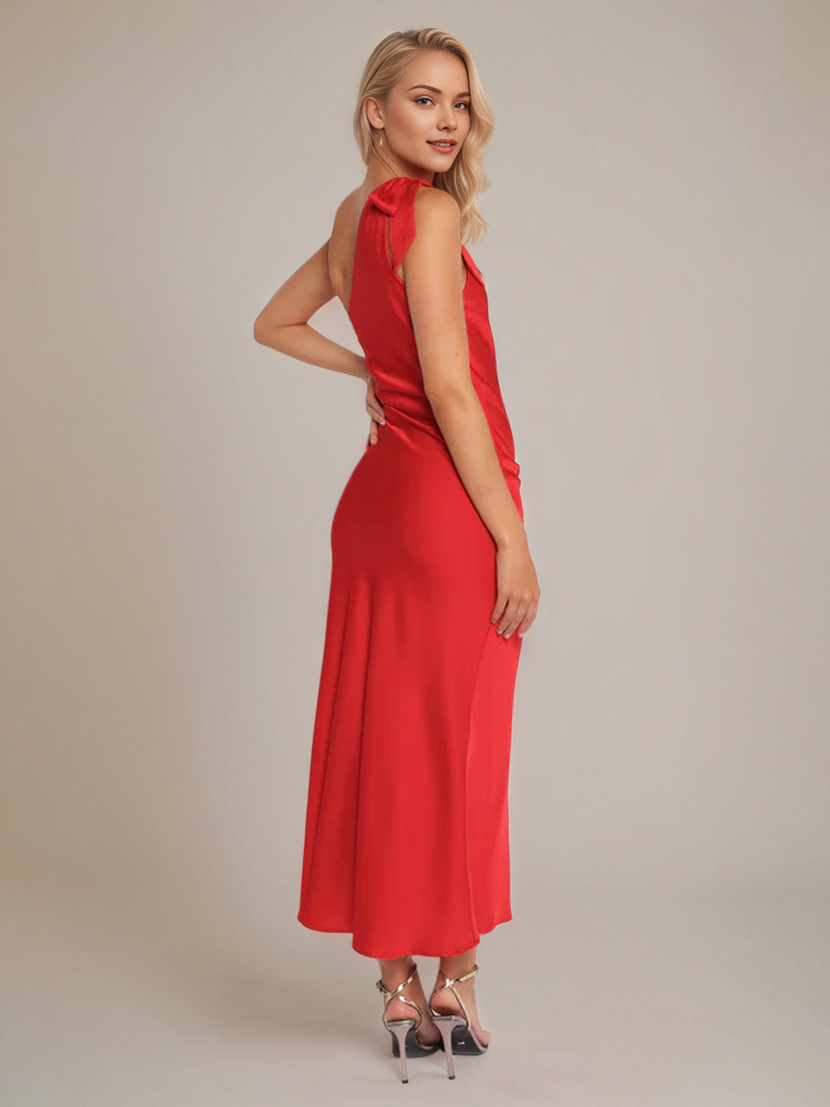 Red Satin Sheath/Column One Shoulder Sleeveless Ankle Length Bridesmaid Dress