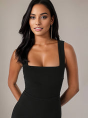 Black Sheath/Column Stretch Crepe Square Neck Sleeveless Tea Length Dresses