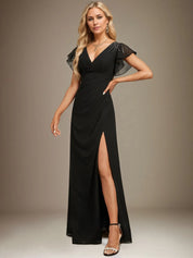 Sheath/Column V-Neck Floor-Length Chiffon Dress With Pleated Sequins Beading