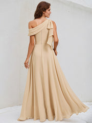 Champagne Chiffon A Line One Shoulder Sleeveless Floor Length Bridesmaid Dress