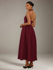 Wine Stretch Crepe A Line Halter Neck Sleeveless Ankle Length Bridesmaid Dresses