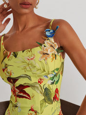 Yellow Floral Applique Spaghetti Mermaid Midi Dress