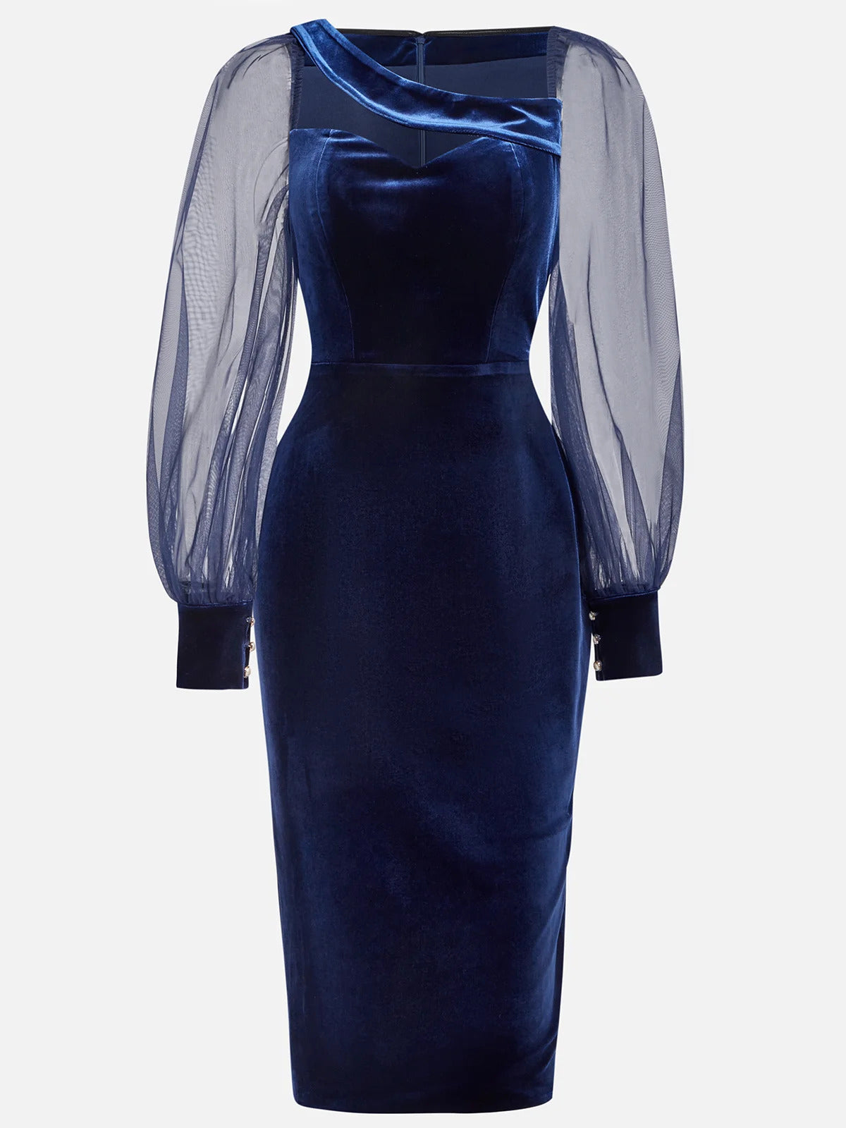 Purplish Blue Mesh Balloon Sleeve Sheath Midi Velvet Dress