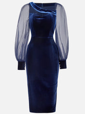 Purplish Blue Mesh Balloon Sleeve Sheath Midi Velvet Dress