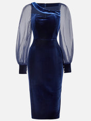 Purplish Blue Mesh Balloon Sleeve Sheath Midi Velvet Dress