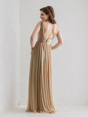 Gold A Line V Neck Sleeveless Floor Length Bridesmaid Dress