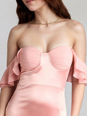 Blush Satin Sheath/Column Off the Shoulder Floor Length Bridesmaid Dress With Ruffle