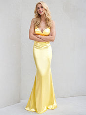 Yellow Satin Trumpet/Mermaid V Neck Sleeveless Floor Length Bridesmaid Dress