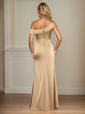 Champagne Satin Sheath/Column One Shoulder Sleeveless Floor Length Mother of the Bride Dresses