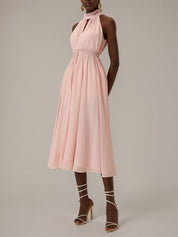Pink A Line Chiffon Halter Neck Sleeveless Tea Length Dresses