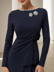 Navy Blue Rhinestone A-Line Midi Dress