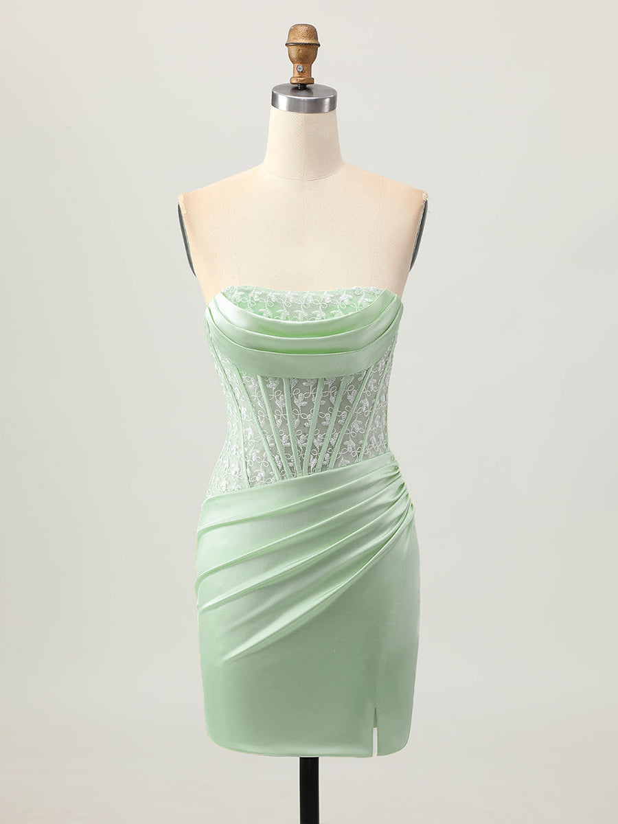 Blue Tight Strapless Satin Corset Homecoming Dress with Lace Up Back