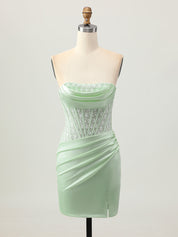 Blue Tight Strapless Satin Corset Homecoming Dress with Lace Up Back
