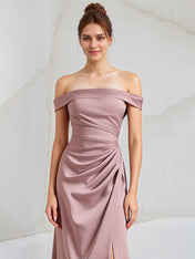 A Line Mauve Satin Off the Shoulder Sleeveless Floor Length Dress With Slit