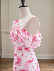 Floral Print One Shoulder Short Tight Ruffle Homecoming Dress