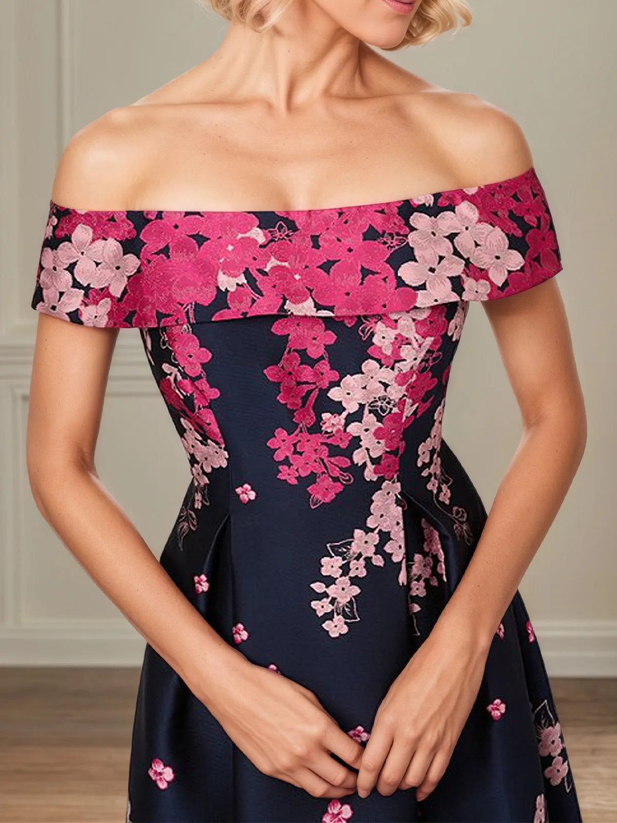 A Line Off The Shoulder Ankle Length Satin Floral Mother of the Bride Dress