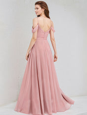 Blush Chiffon A Line Spaghetti Straps Cold Shoulder Floor Length Bridesmaid Dress
