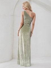 Sage Sheath/Column Velvet One Shoulder Sleeveless Floor Length Dress With High Slit