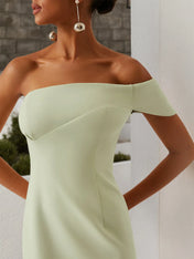 Green Off The Shoulder Slit Sheath Midi Dress