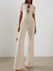 Women White Cut Out Short Sleeve Rheinstone Wide-Leg Jumpsuit