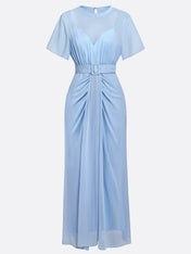 Light Blue Ruched Chiffon Crew Neck Short Sleeve A-Line Maxi Dress