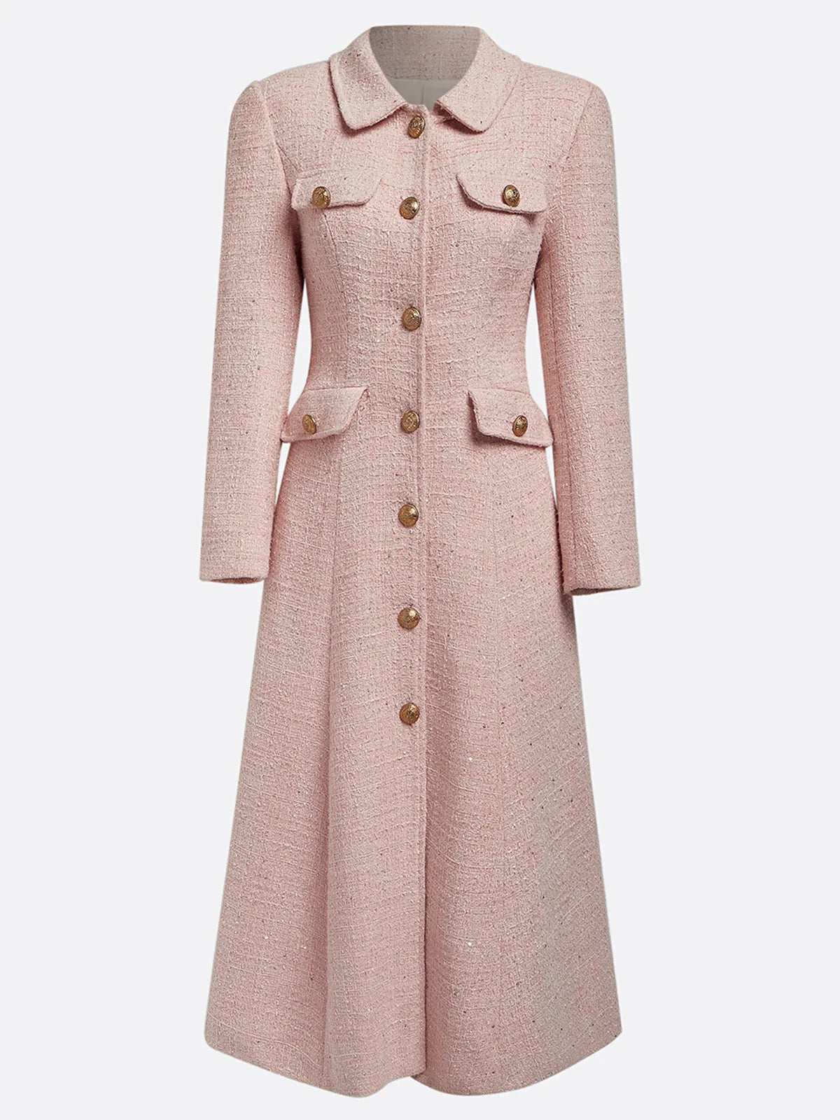 Pink Buckle Tweed Pointed Collar Long Sleeve A-Line Midi Dress